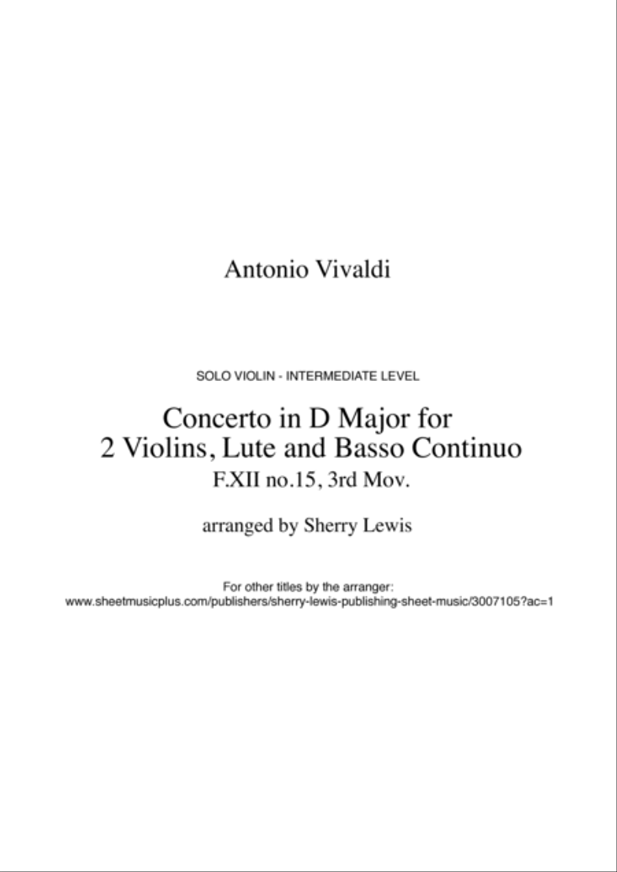 CONCERTO IN D MAJOR FOR 2 VIOLINS, LUTE AND BASSO CONTINUO, F.XII NO.15, 3rd Mov., SOLO VIOLIN Lute scores gallery preview page 2