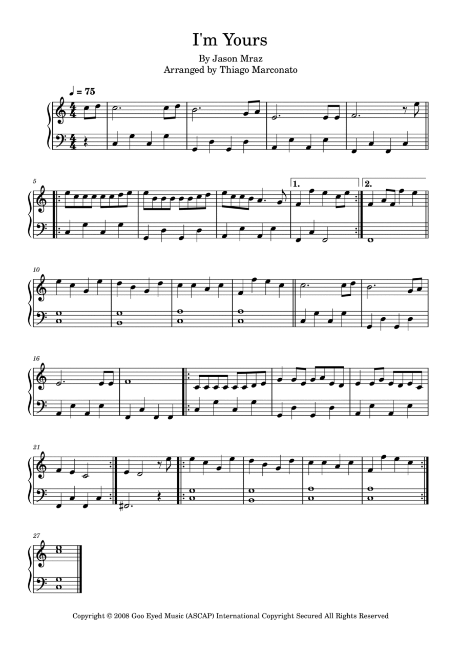 I'm Yours I'm Yours Easy Piano scores gallery preview page 1