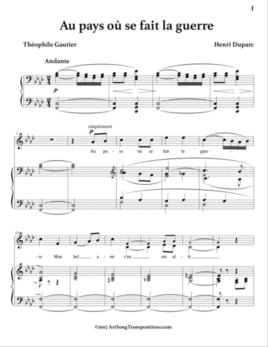 DUPARC: Au pays où se fait la guerre (transposed to F minor) Voice scores gallery preview page 2