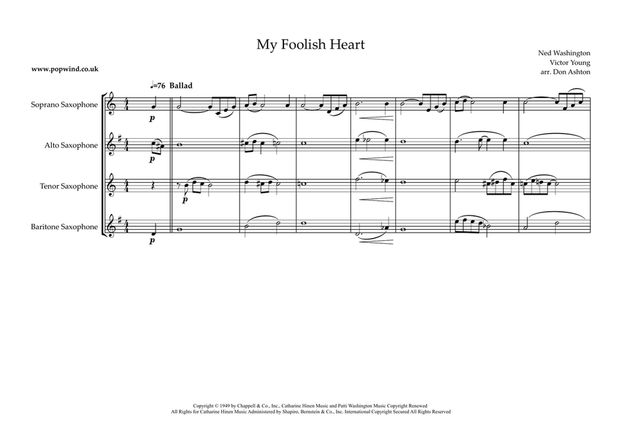 My Foolish Heart Saxophone Quartet scores gallery preview page 1