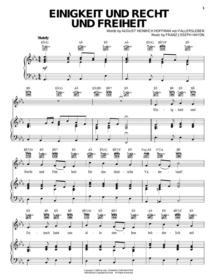 Einigkeit Und Recht Und Freiheit Piano, Vocal, Guitar scores gallery preview page 1