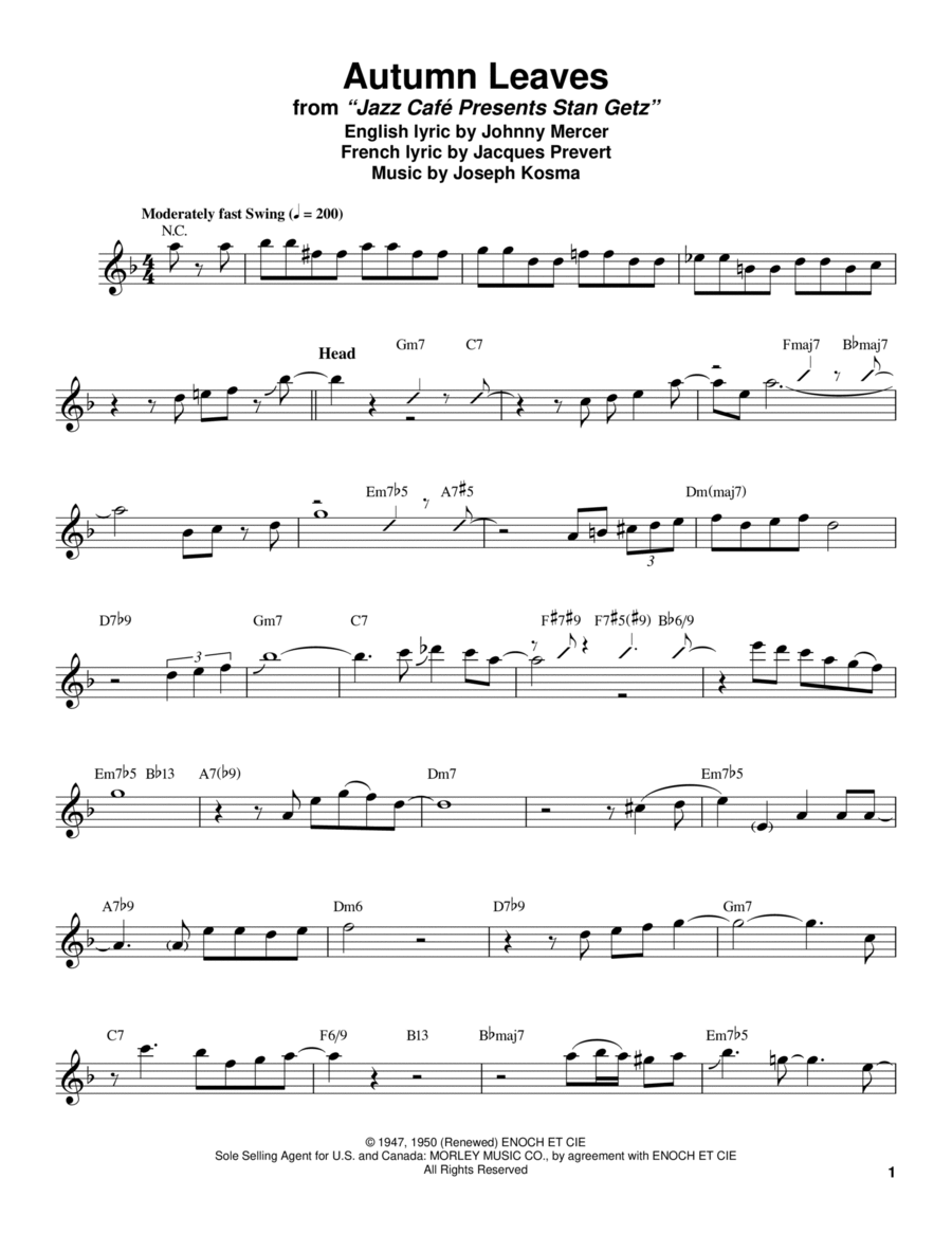 Autumn Leaves Tenor Saxophone scores gallery preview page 1