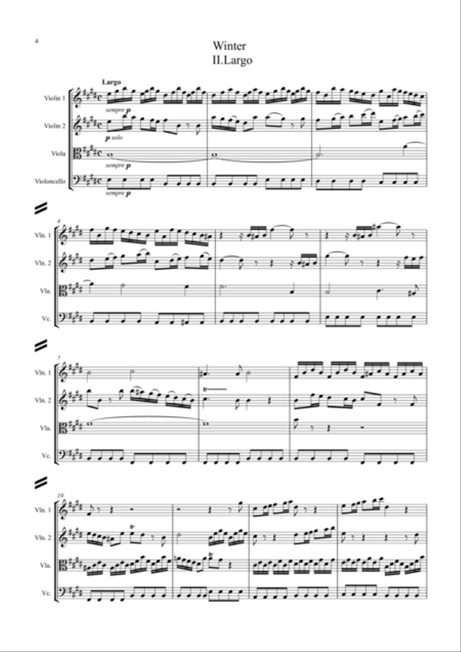 Vivaldi: The Four Seasons (Le quattro stagioni): A 4 Mvt. suite (easier/abridged) - string quartet String Quartet scores gallery preview page 4