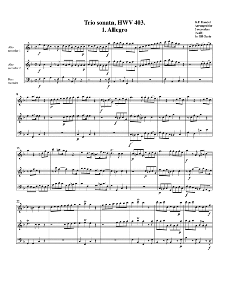 Trio sonata HWV 403 (Arrangement for 3 recorders (AAB))
