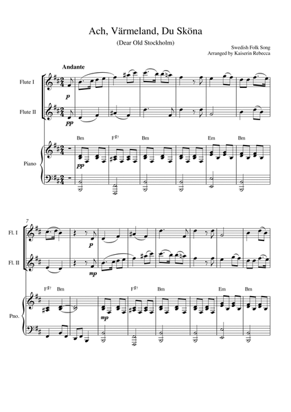 Ach, Värmeland, Du Sköna (Dear Old Stockholm) (for flute duet and piano accompaniment) image number null