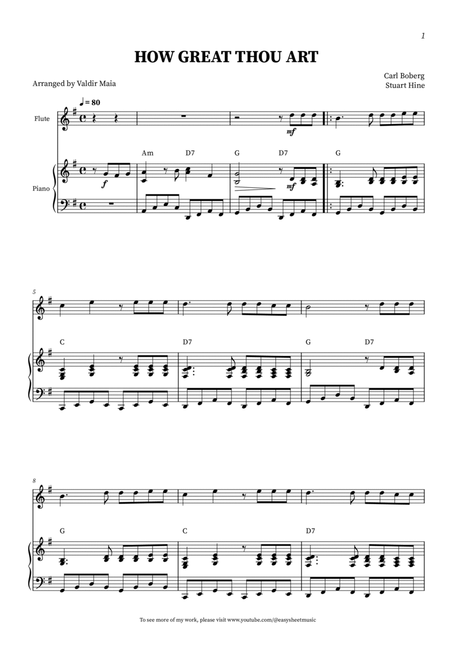 How Great Thou Art - Flute with piano accompaniment (+CHORDS) Flute Solo scores gallery preview page 1