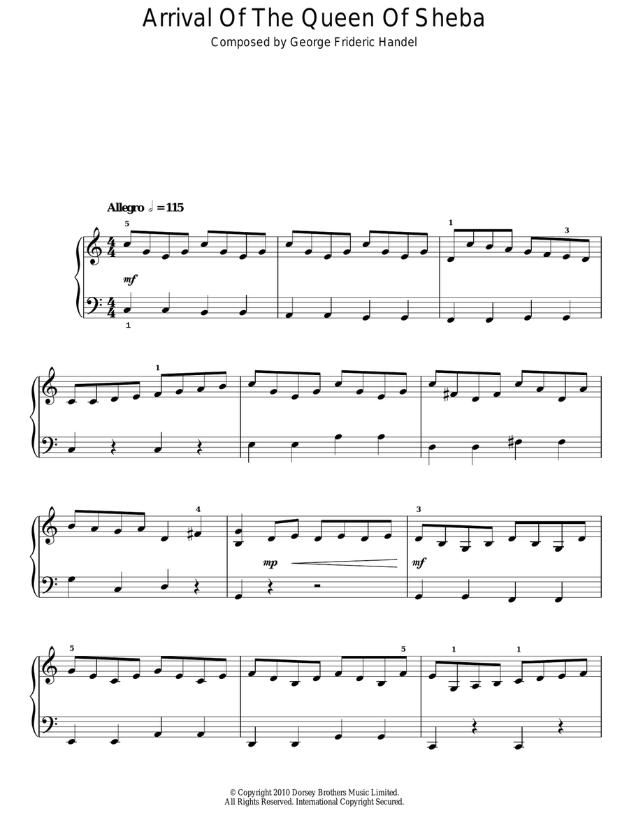 The Arrival Of The Queen Of Sheba Easy Piano scores gallery preview page 1