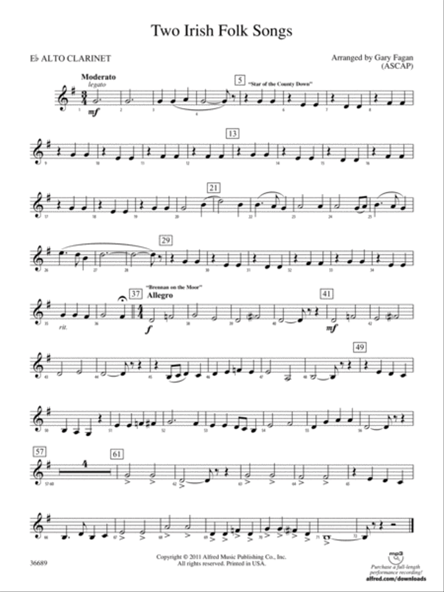 Two Irish Folk Songs: (World Part) E-flat Alto Clarinet Concert Band scores gallery preview page 1