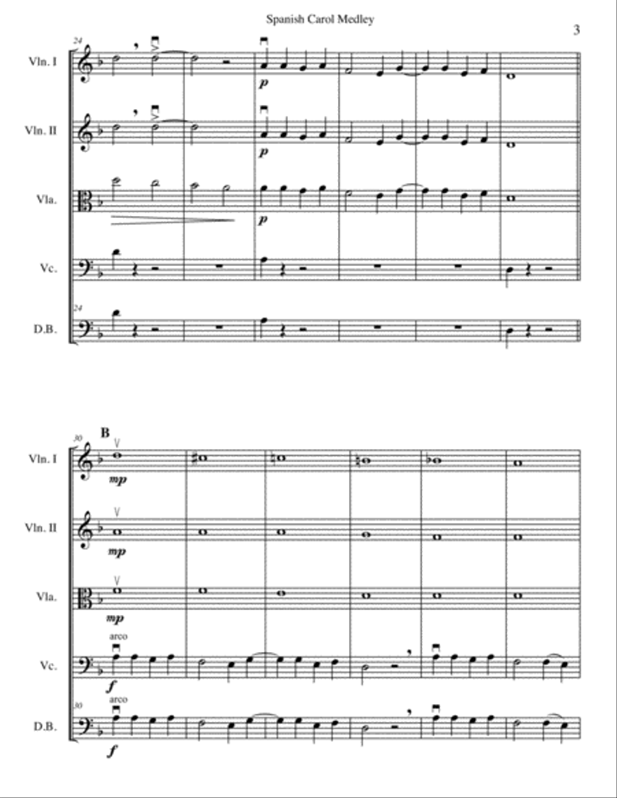 Spanish Carol Medley for string quintet/string orchestra String Orchestra scores gallery preview page 3