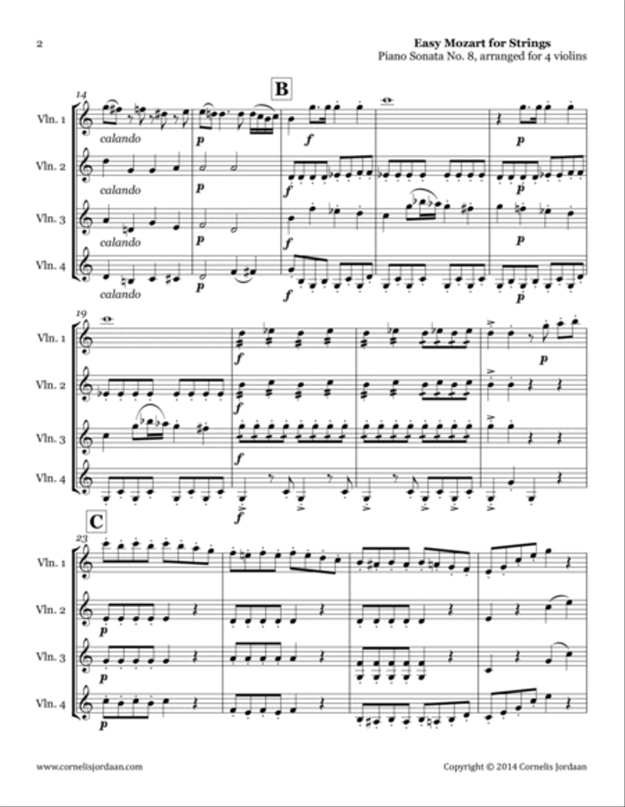 Easy Mozart for Strings - Piano Sonata No. 8, arranged for 4 violins String Orchestra scores gallery preview page 2
