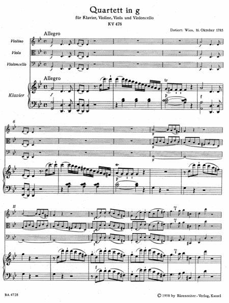 Quartet for Piano, Violin, Viola and Violoncello in G minor K. 478