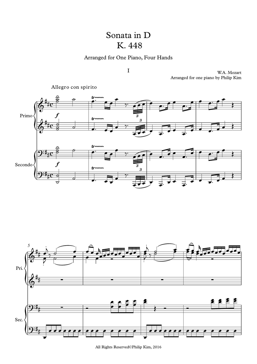 Mozart Sonata in D, K. 448 for 2 Pianos (1st movement) Arranged for 1 piano-4 hands by Philip Kim 1 Piano, 4-Hands scores gallery preview page 2