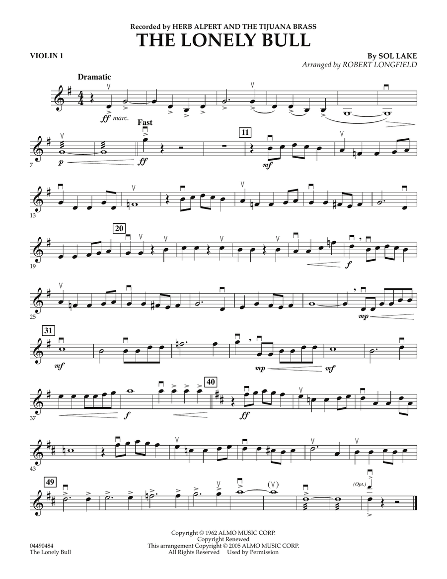 The Lonely Bull - Violin 1 Orchestra scores gallery preview page 1