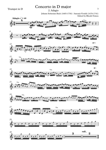 Bach BWV972 / Vivaldi RV230 Concerto in D Major 2. Adagio - trumpet solo sheet music picc A, Bb, C, D