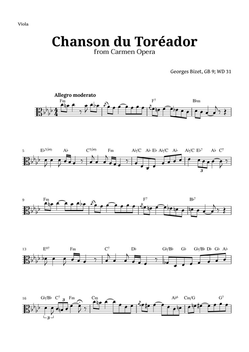 Chanson du Toreador by Bizet for Viola image number null
