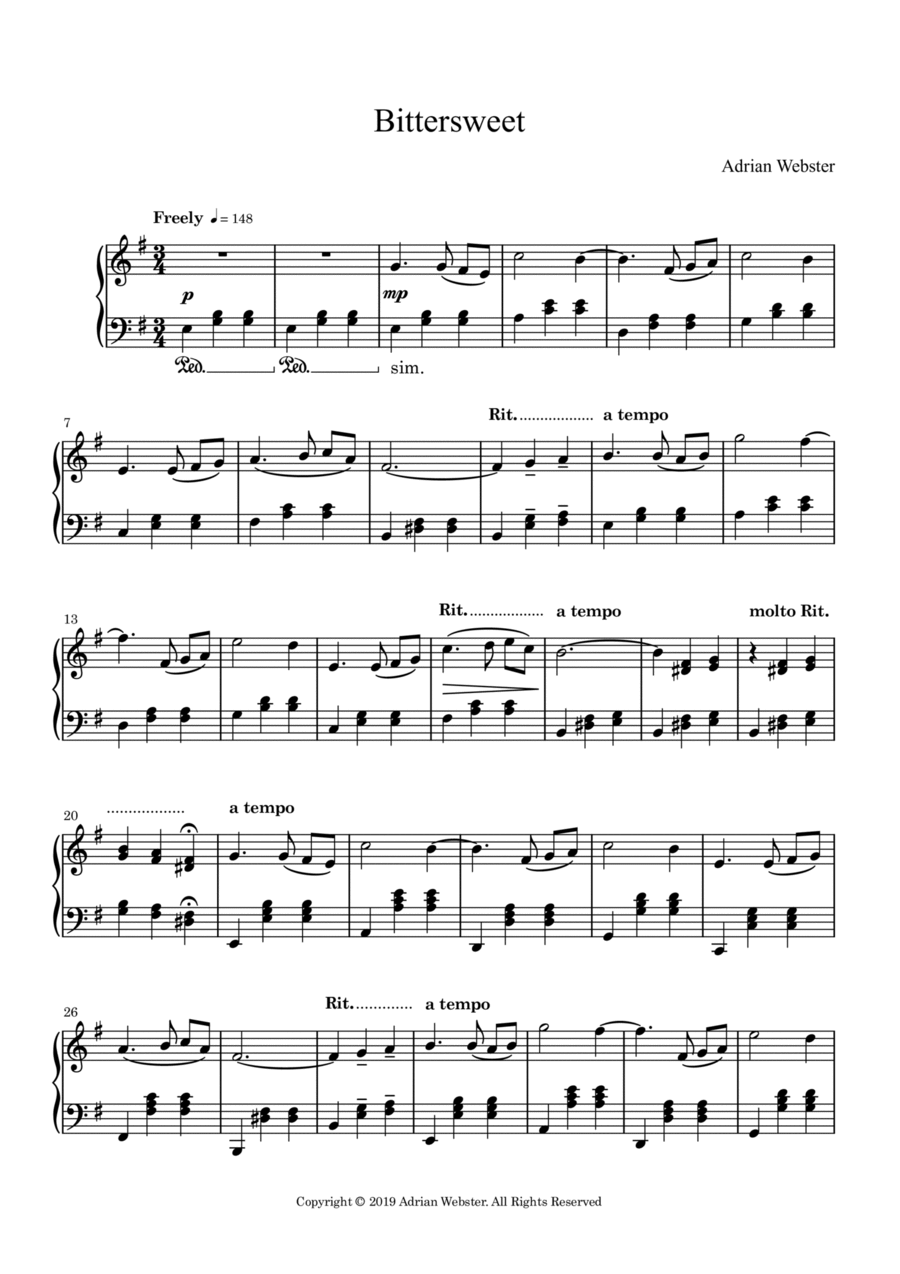 Bittersweet - CrusaderBeach - Beautiful Reflective Piano Solo Piano Solo scores gallery preview page 1