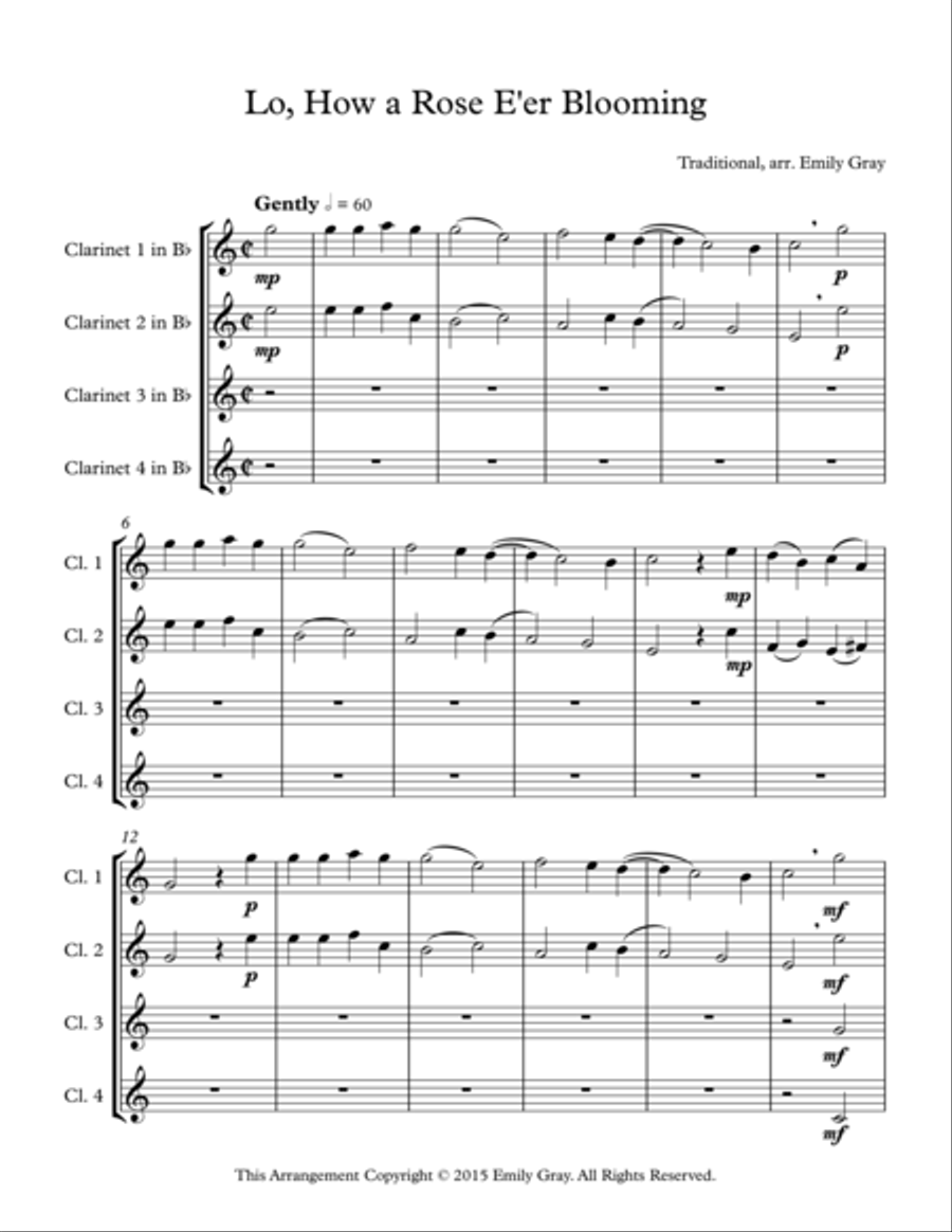 Lo, How a Rose E'er Blooming (4 clarinets) Clarinet Quartet scores gallery preview page 1