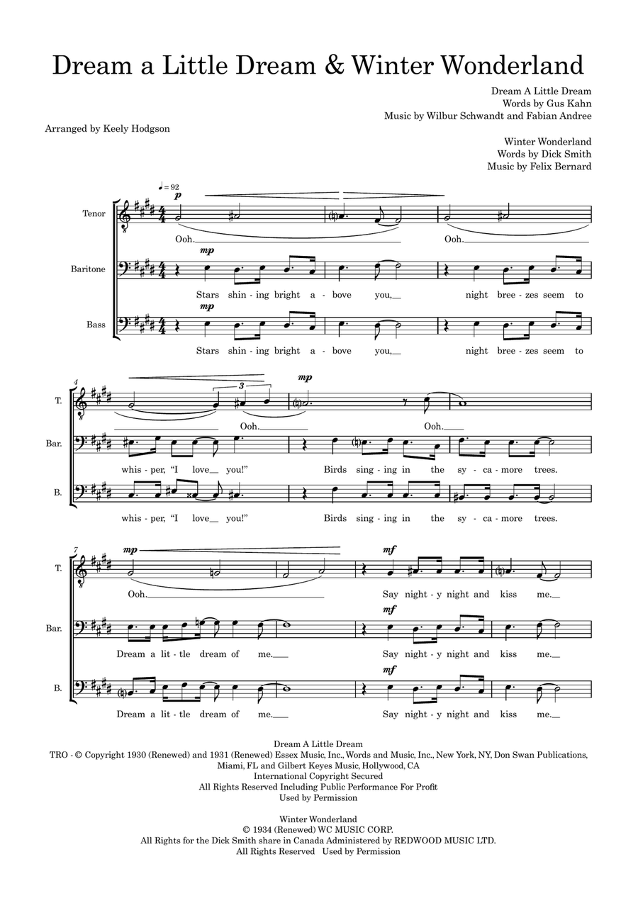 Dream a Little Dream / Winter Wonderland (arr. Keely Hodgson) 3-Part scores gallery preview page 1