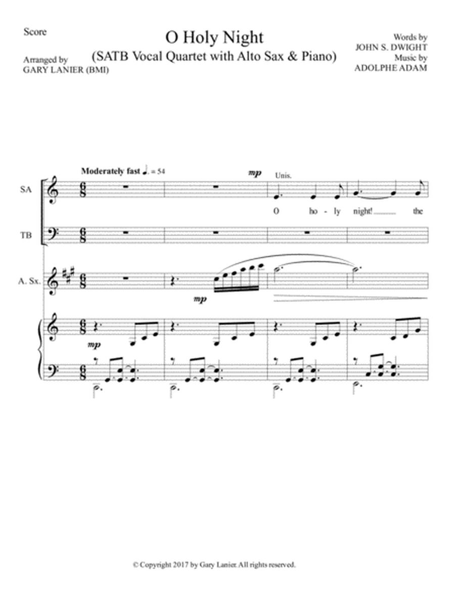 O HOLY NIGHT (SATB Vocal Quartet with Alto Sax & Piano - Score & Parts included) image number null