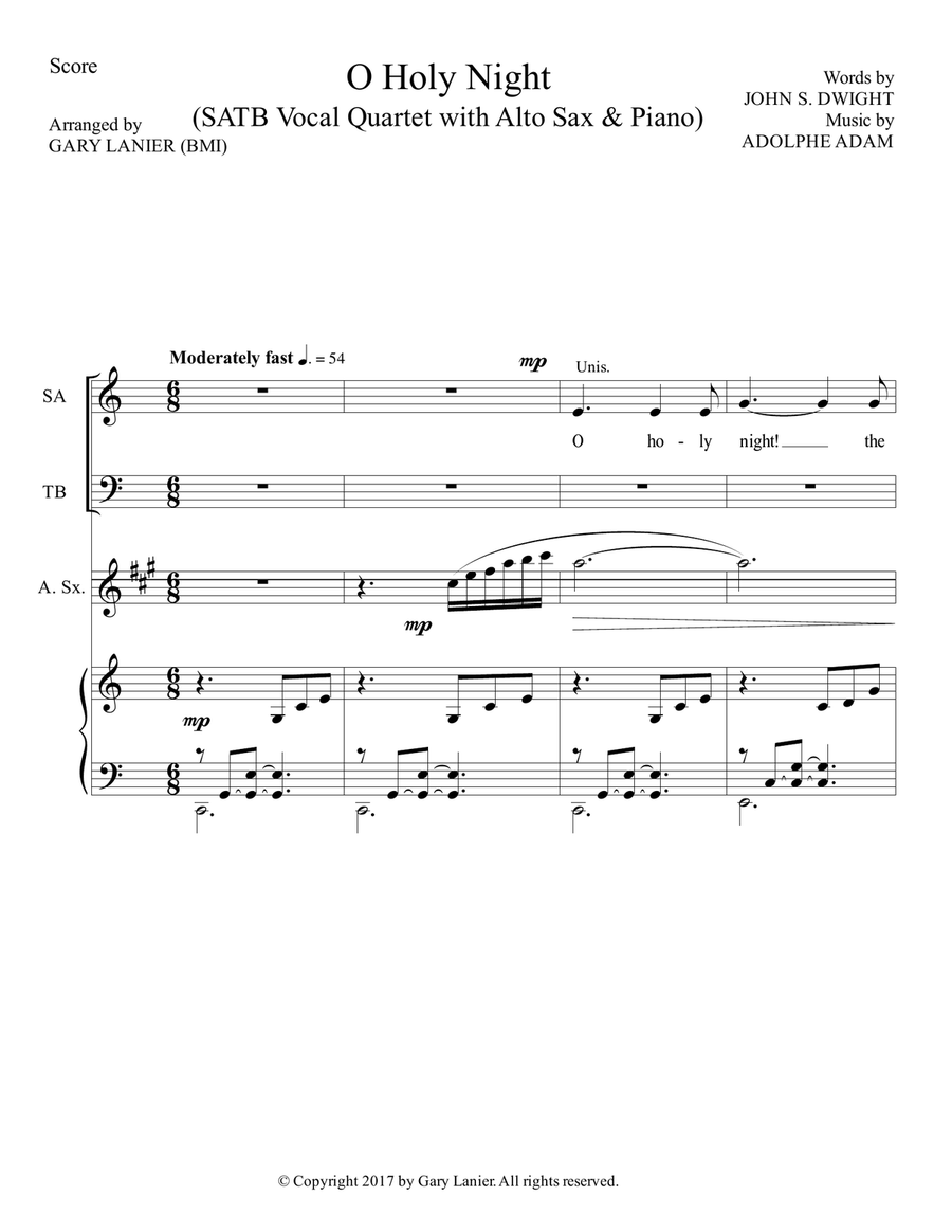 O HOLY NIGHT (SATB Vocal Quartet with Alto Sax & Piano - Score & Parts included) image number null