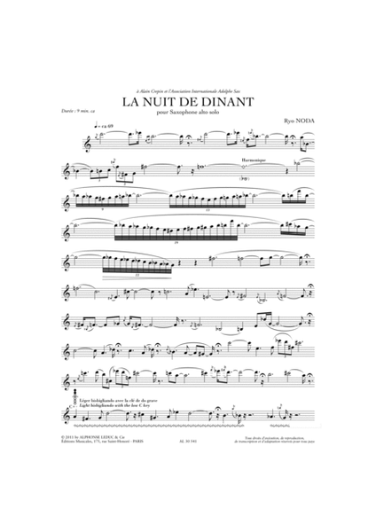 La Nuit De Dinant (9') Pour Saxophone Alto Seul