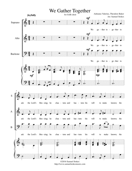 We Gather Together (The Thanksgiving Hymn) - for SAB choir with piano accompaniment image number null