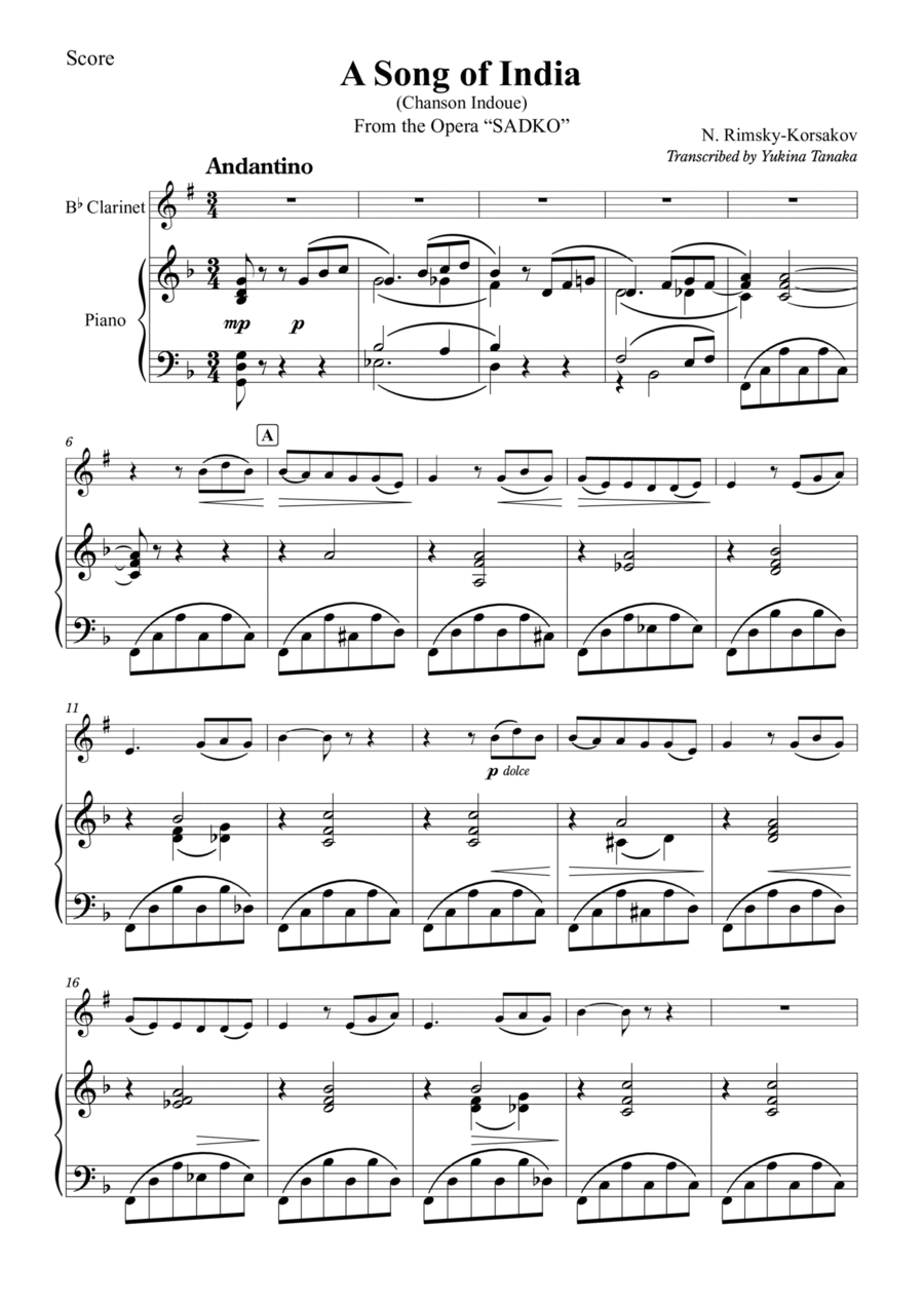 A Song of India From the Opera “SADKO” A Song of India From the Opera “SADKO” B-Flat Clarinet scores gallery preview page 1