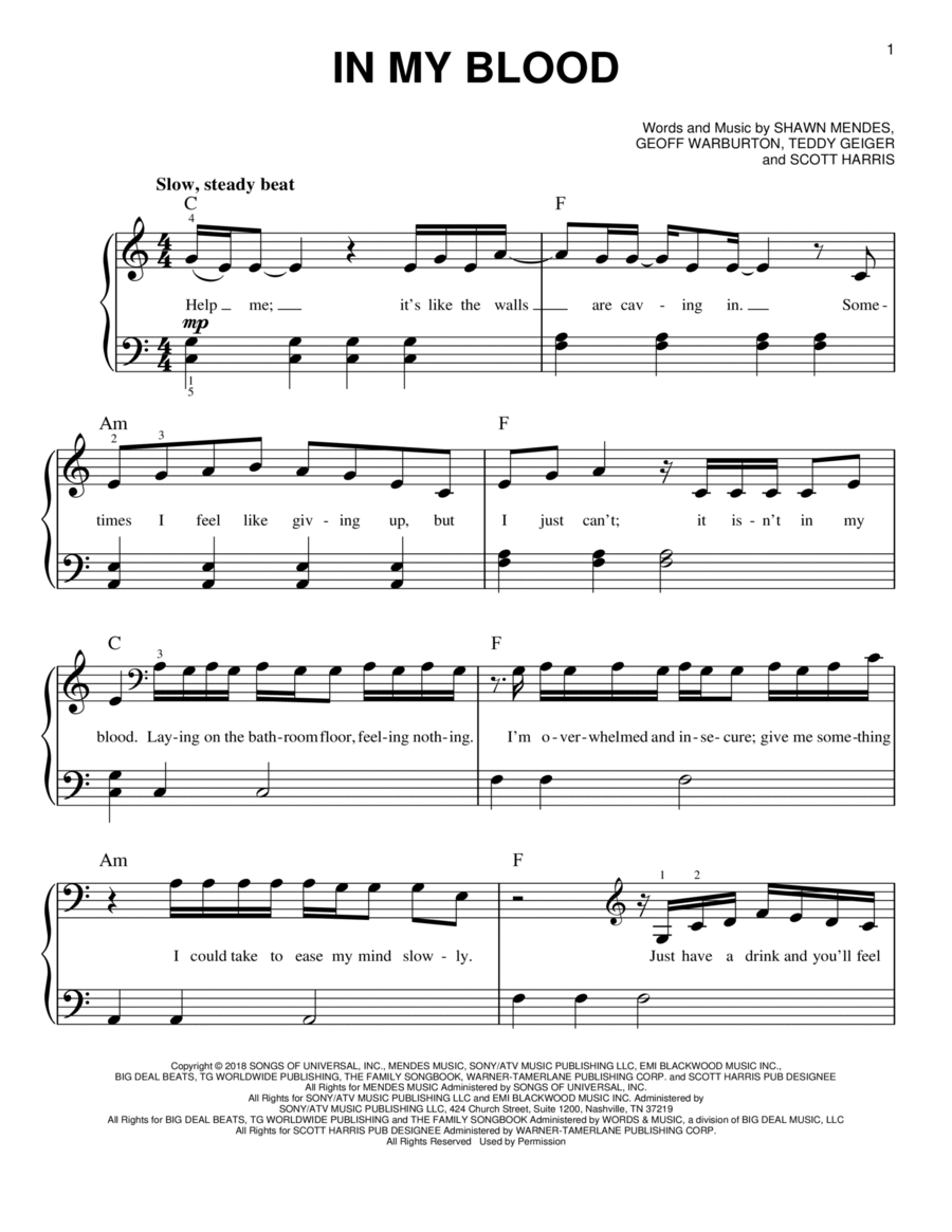 In My Blood Easy Piano scores gallery preview page 1