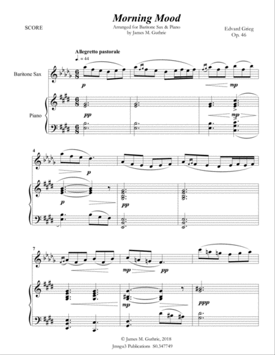 Grieg: Morning Mood from Peer Gynt Suite for Baritone Sax & Piano Baritone Saxophone scores gallery preview page 2