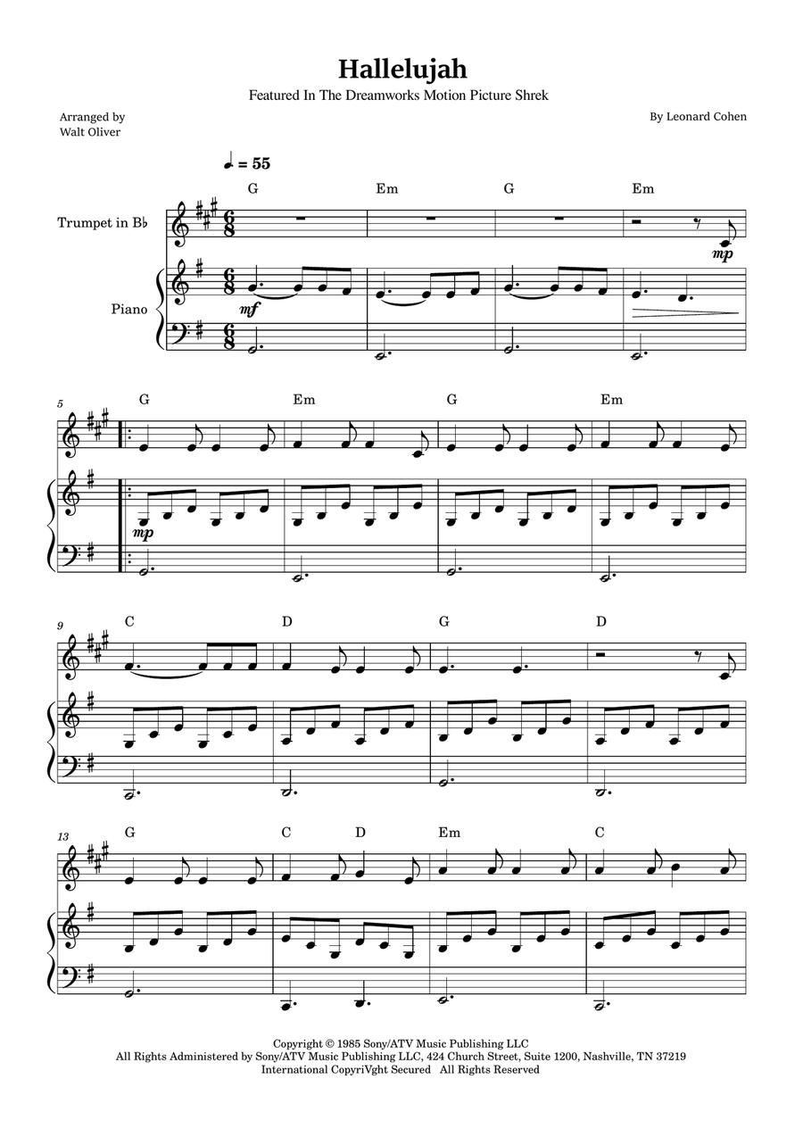 Hallelujah B-Flat Trumpet scores gallery preview page 1