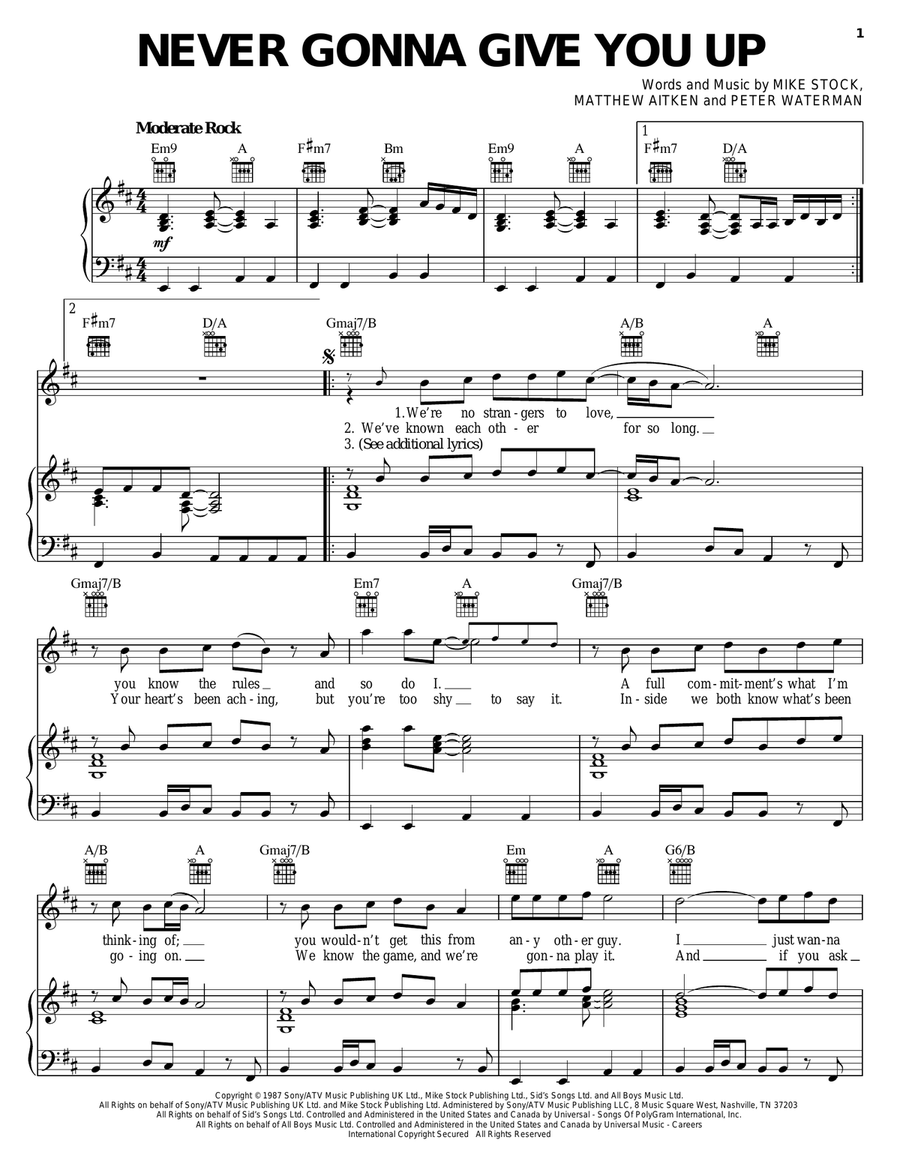 Never Gonna Give You Up Piano, Vocal, Guitar scores gallery preview page 1