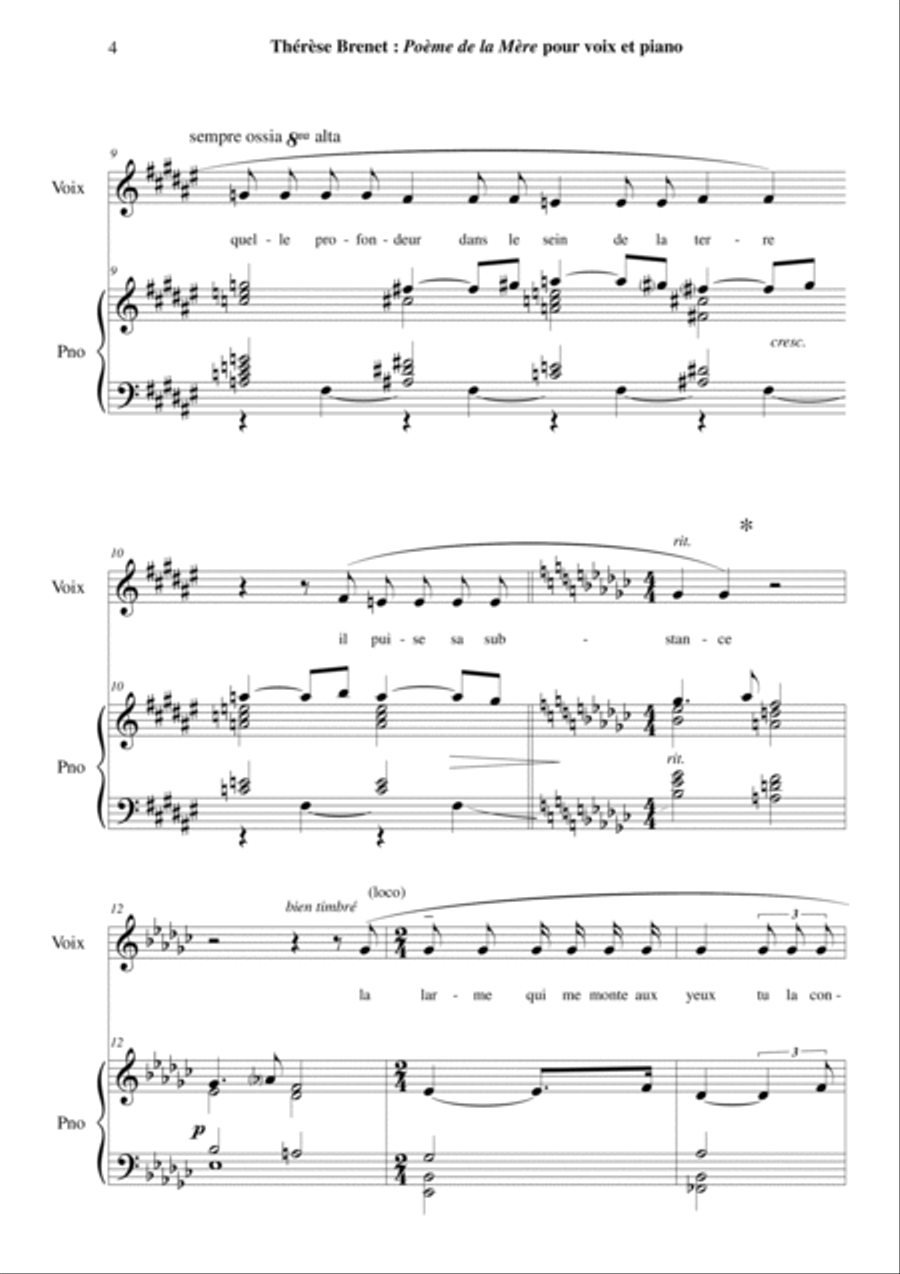 Therese Brenet : Poeme de la Mere for medium voice and piano Medium Voice scores gallery preview page 4