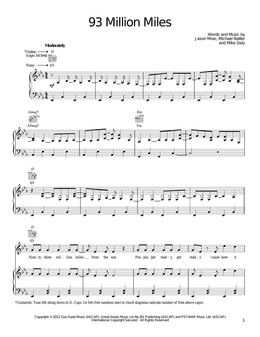 93 Million Miles Piano, Vocal, Guitar scores gallery preview page 1
