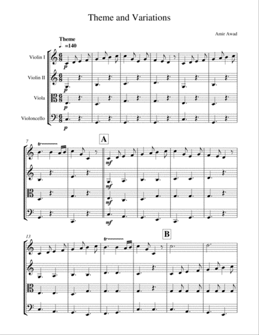 Amir Awad: Theme and Variations on a scale for String quartet/Orchestra String Quartet scores gallery preview page 1