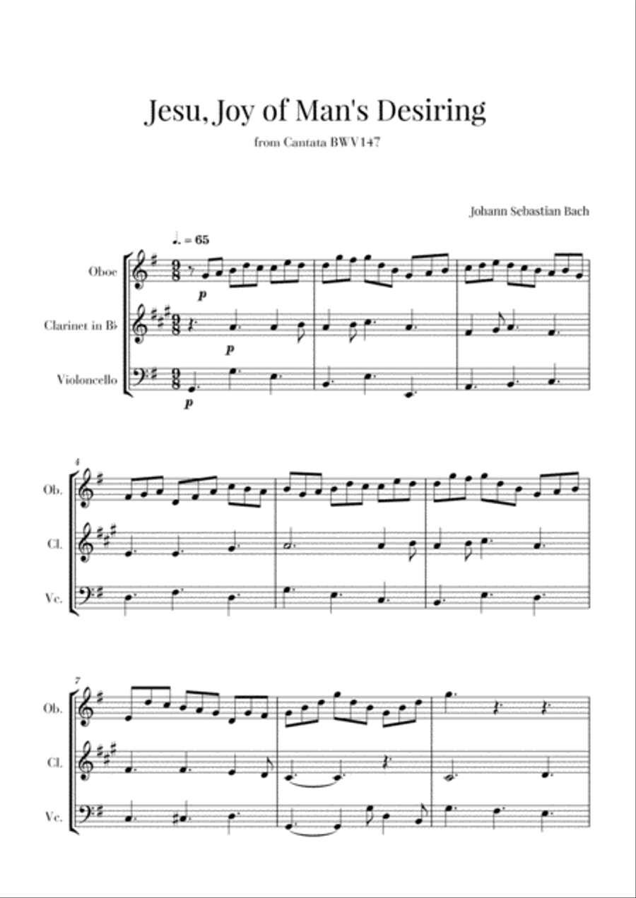 Bach - Jesu, Joy of Man's Desiring for Oboe, Clarinet and Cello Small Ensemble scores gallery preview page 1