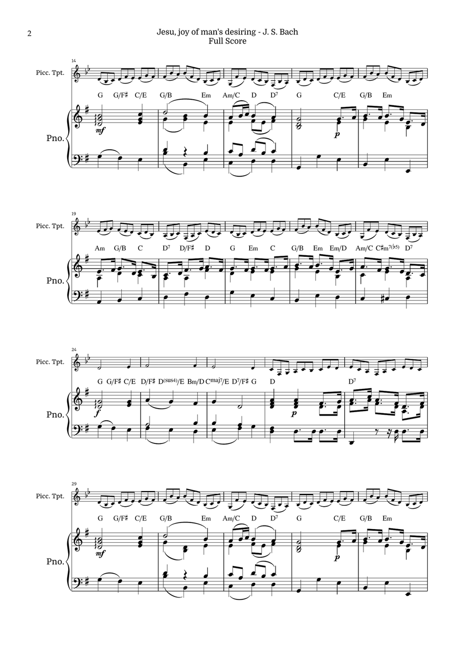 Jesu, Joy of Man’s Desiring for Piccolo Trumpet in A with Piano by Bach BWV 147 Chamber Music scores gallery preview page 2