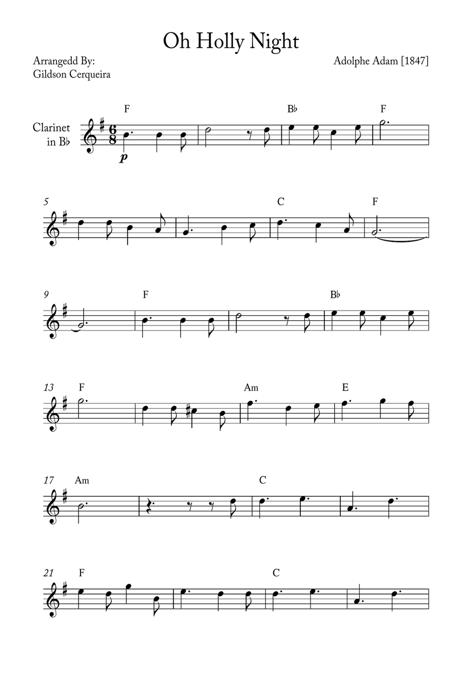 Oh Holy night B-Flat Clarinet scores gallery preview page 1