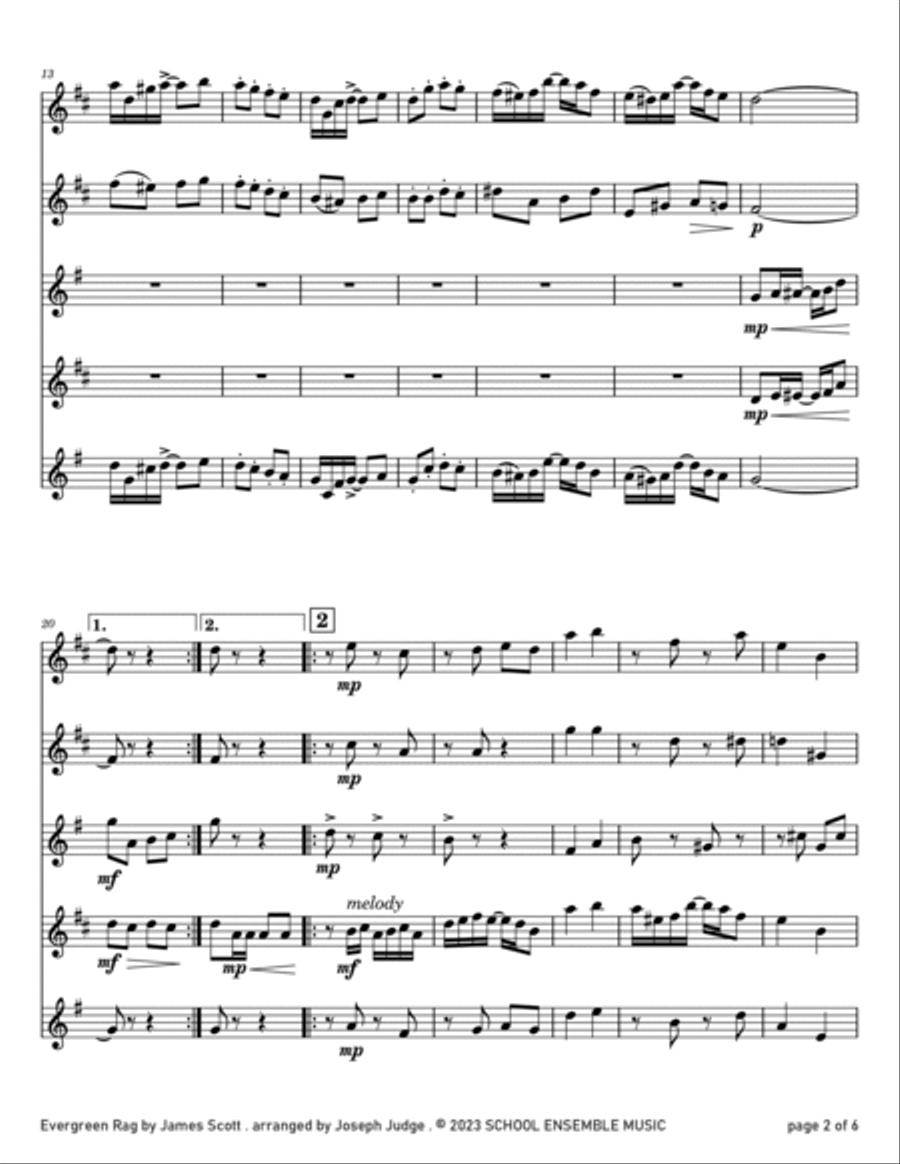 Evergreen Rag by James Scott for Saxophone Quartet in Schools Saxophone Quartet scores gallery preview page 2