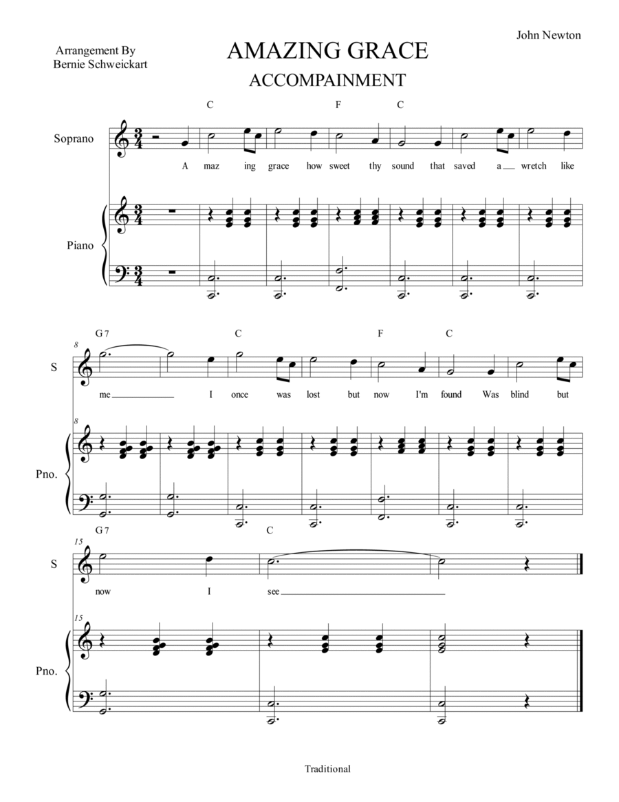 Amazing Grace (Vocal With Piano Accompaniment) In C Major Amazing Grace (Vocal With Piano Accompaniment) In C Major Piano, Vocal, Guitar scores gallery preview page 1