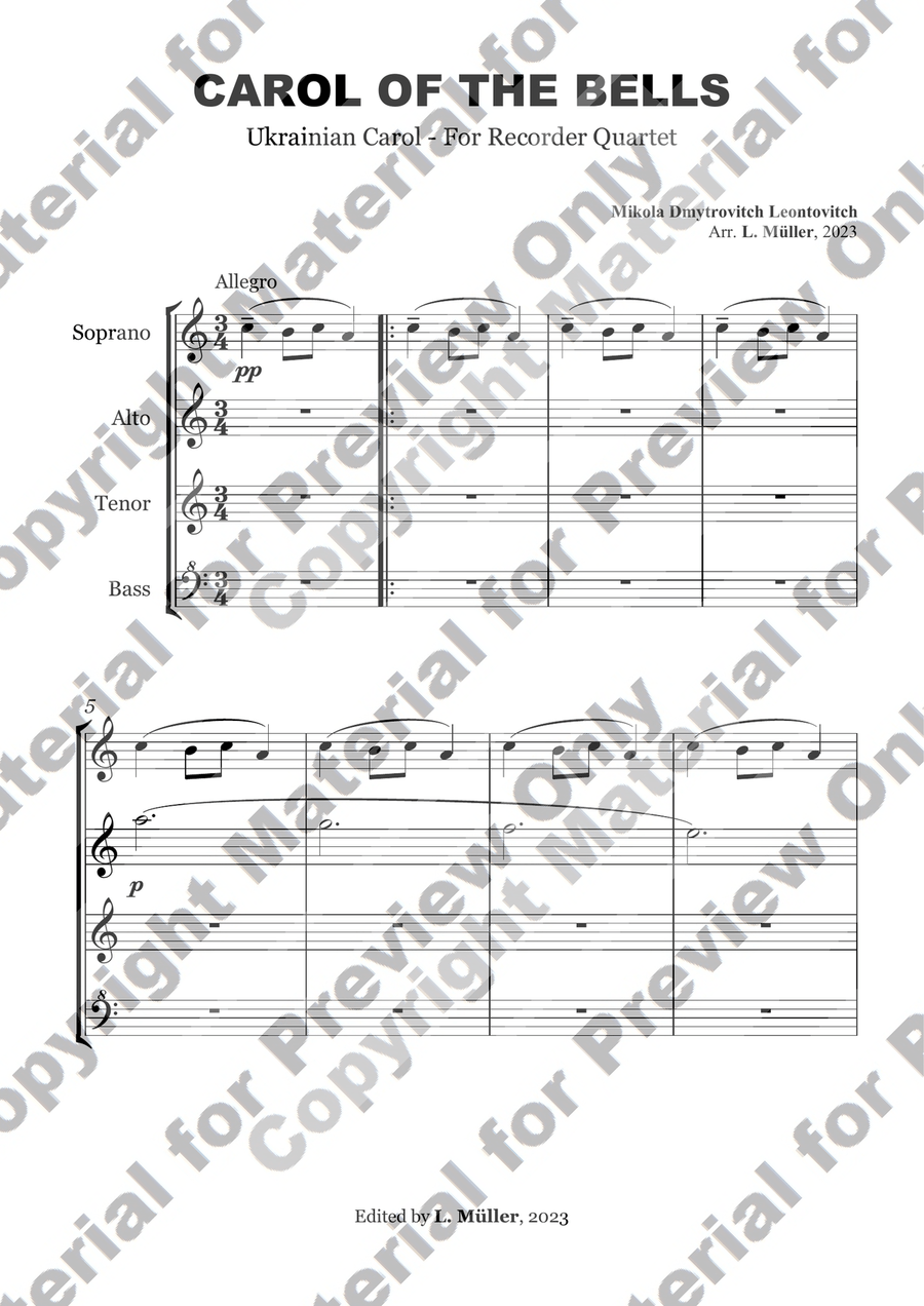 Carol of Bells - Recorder Quartet Soprano Recorder scores gallery preview page 1