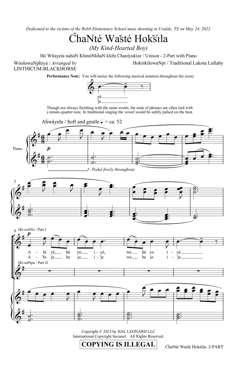 Chante Waste Hoksila (My Kind-Hearted Boy) (arr. Linthicum-Blackhorse) 2-Part scores gallery preview page 1