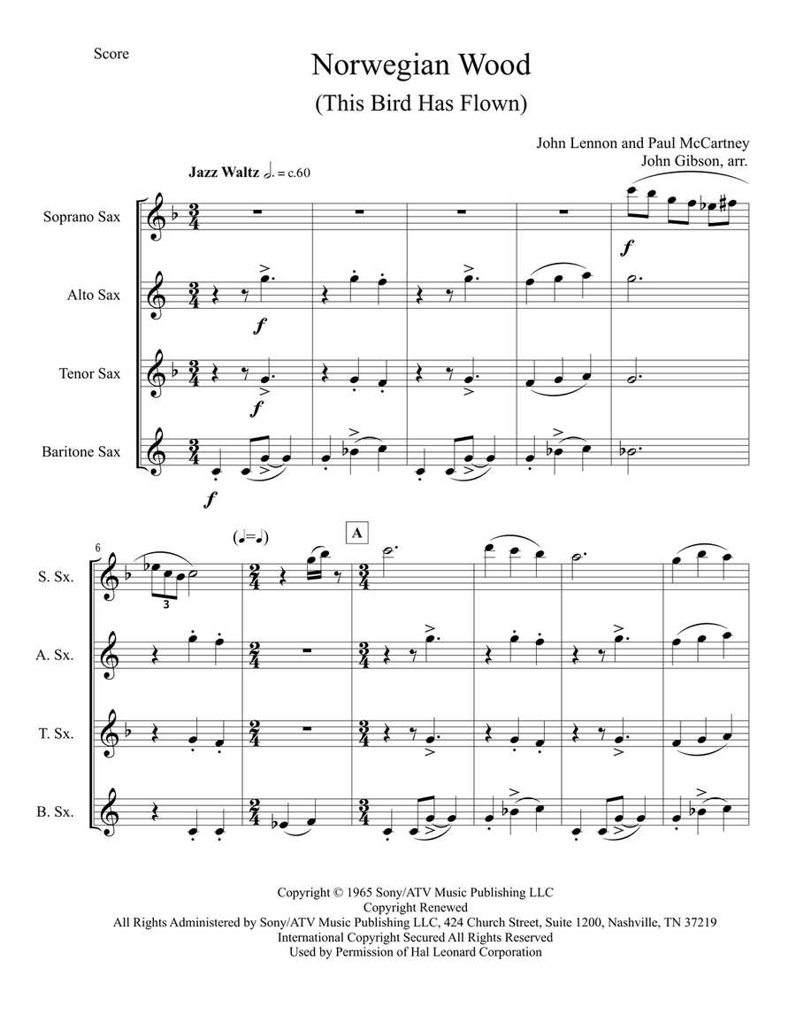 Norwegian Wood (This Bird Has Flown) Saxophone Quartet scores gallery preview page 2