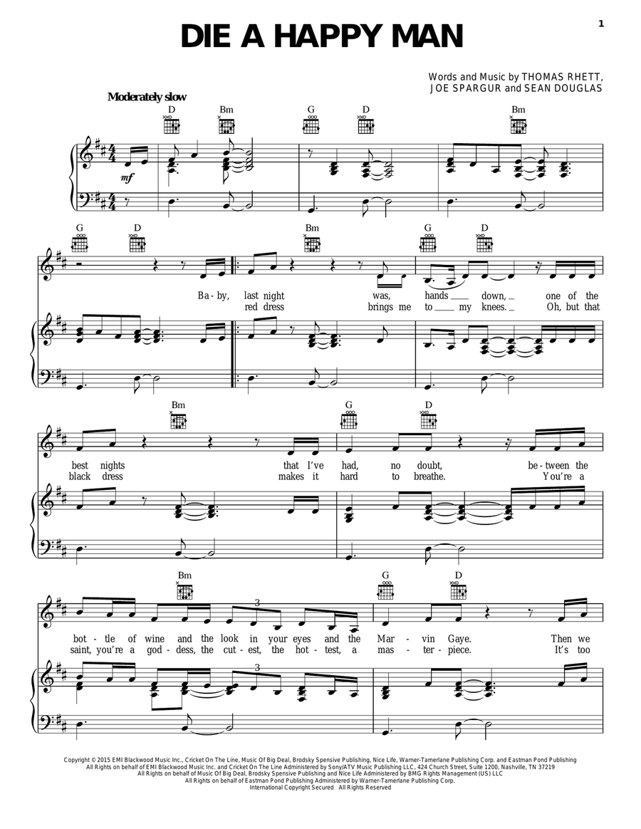 Die A Happy Man Piano, Vocal, Guitar scores gallery preview page 1