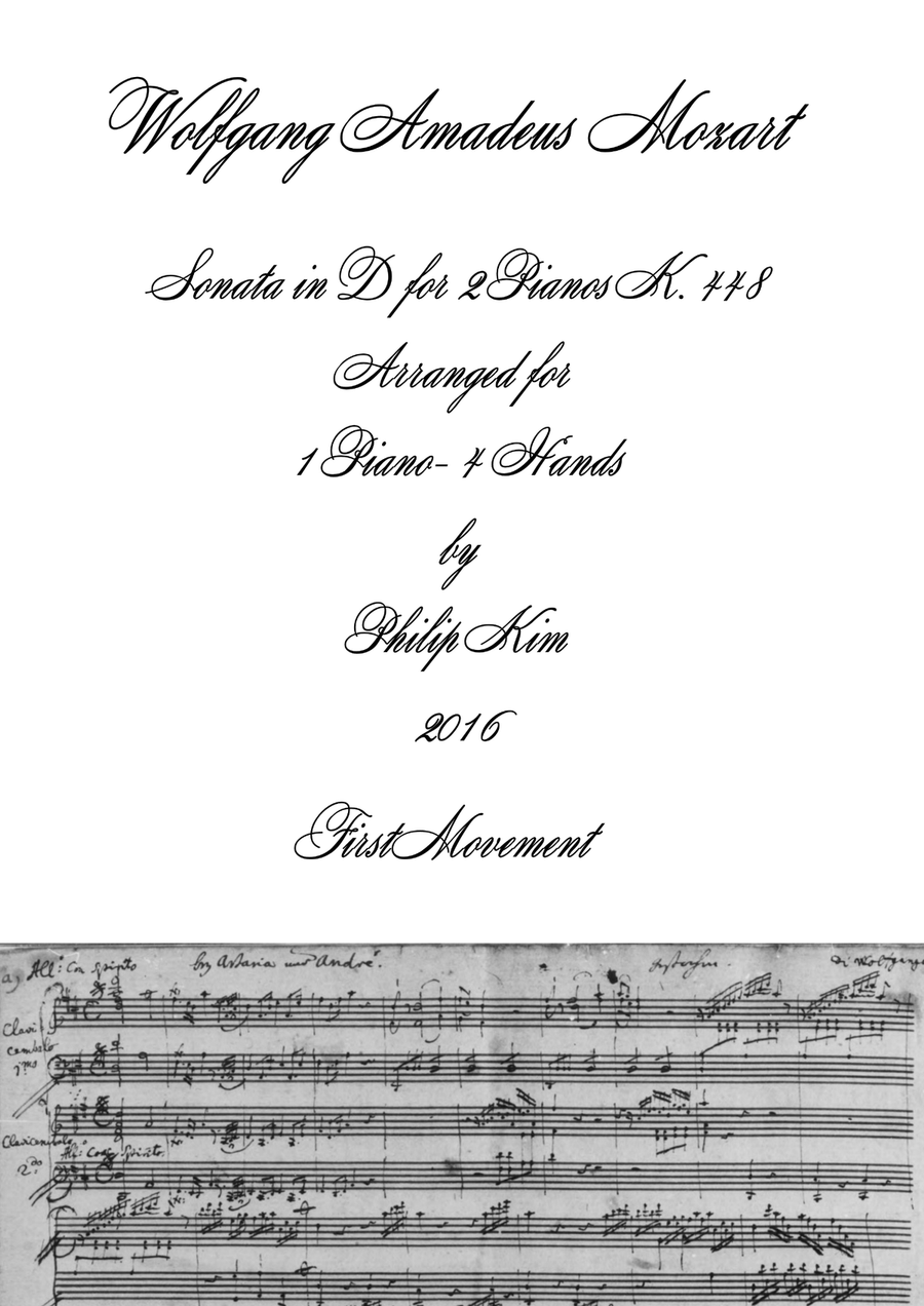 Mozart Sonata in D, K. 448 for 2 Pianos (1st movement) Arranged for 1 piano-4 hands by Philip Kim 1 Piano, 4-Hands scores gallery preview page 1
