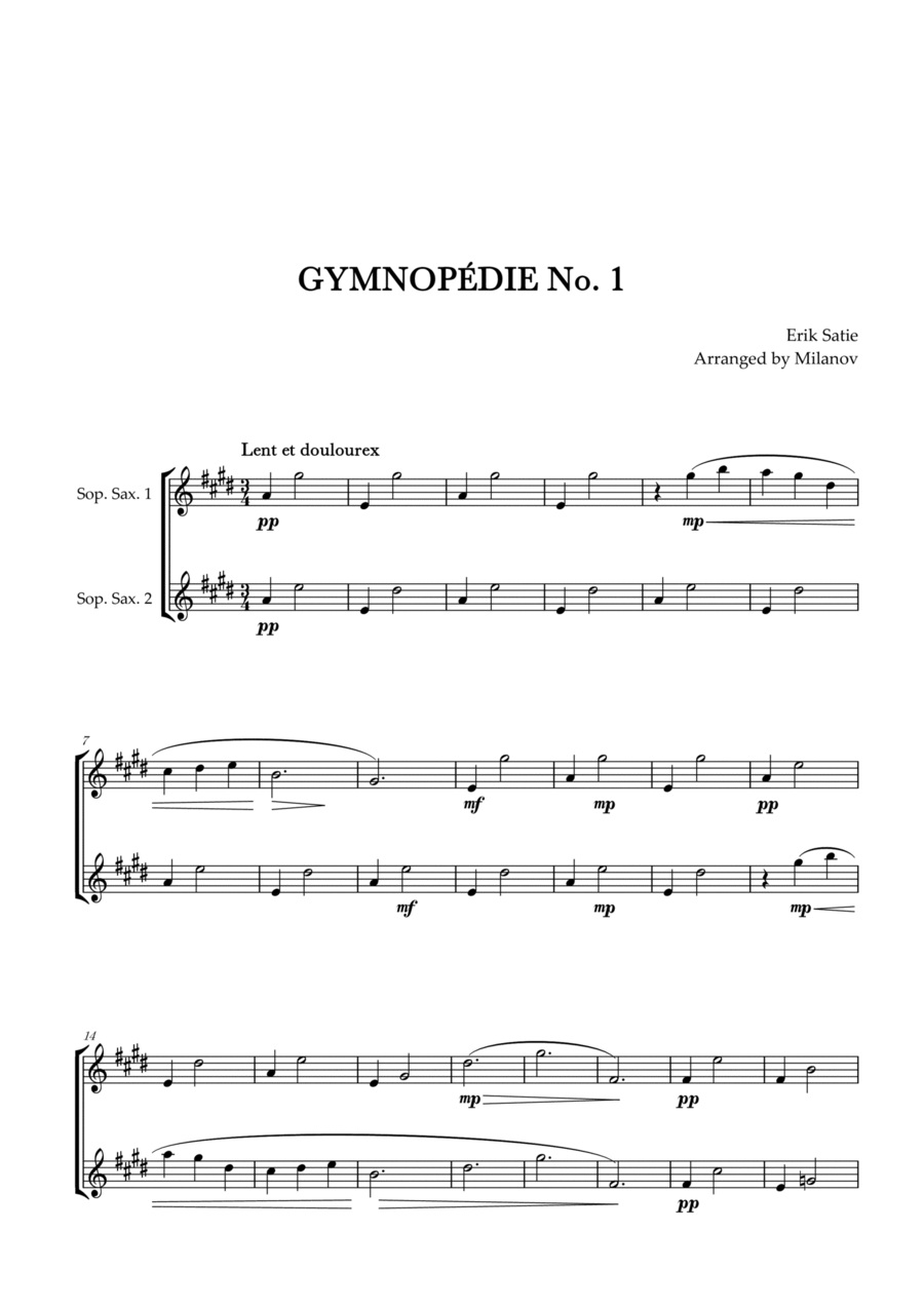 Gymnopédie no 1 | Soprano Saxophone Duet | Original Key |Easy intermediate Woodwind Duet scores gallery preview page 1