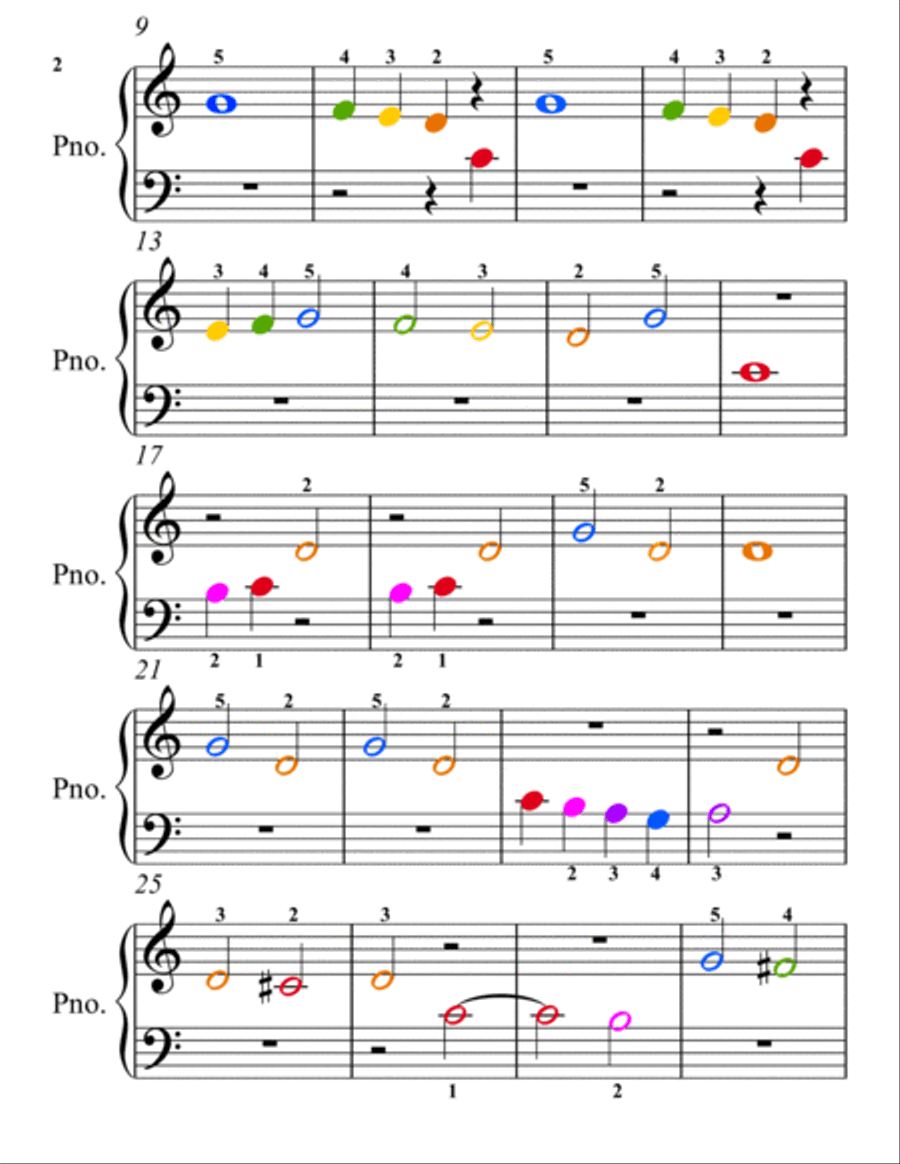 Musette in D Major Beginner Piano Sheet Music with Colored Notation Piano Method scores gallery preview page 3