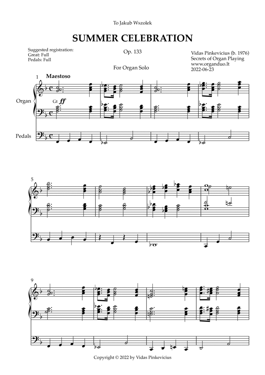 Summer Celebration, Op. 133 (Organ Solo) by Vidas Pinkevicius (2022) Organ Solo scores gallery preview page 1