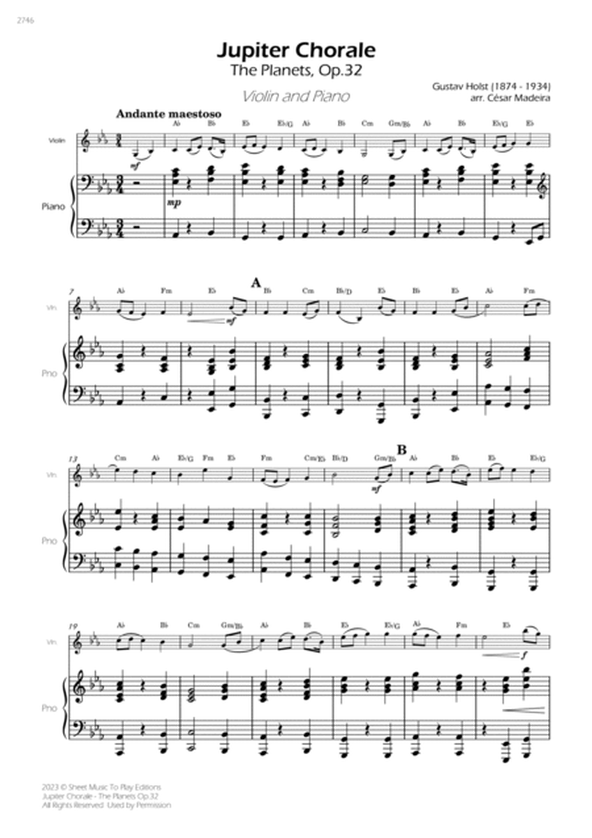 Jupiter Chorale from The Planets - Violin and Piano - W/Chords (Full Score and Parts) image number null