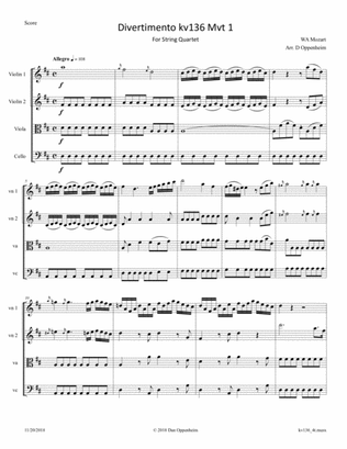 Mozart: Divertimento K 136 for String Quartet, Movement 1