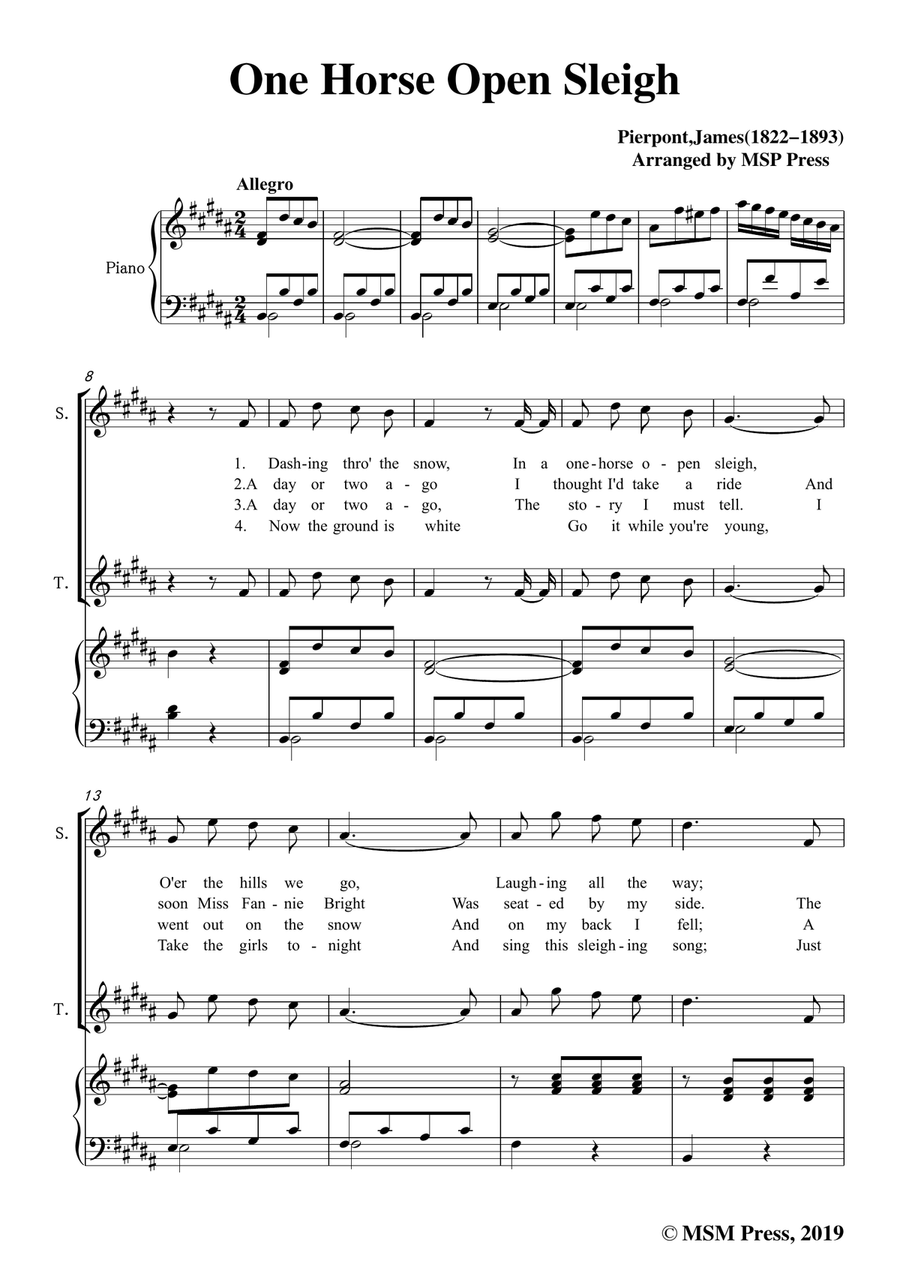 Pierpont-Jingle Bells(The One Horse Open Sleigh),in B Major,for Quatre Chorales 4-Part scores gallery preview page 3